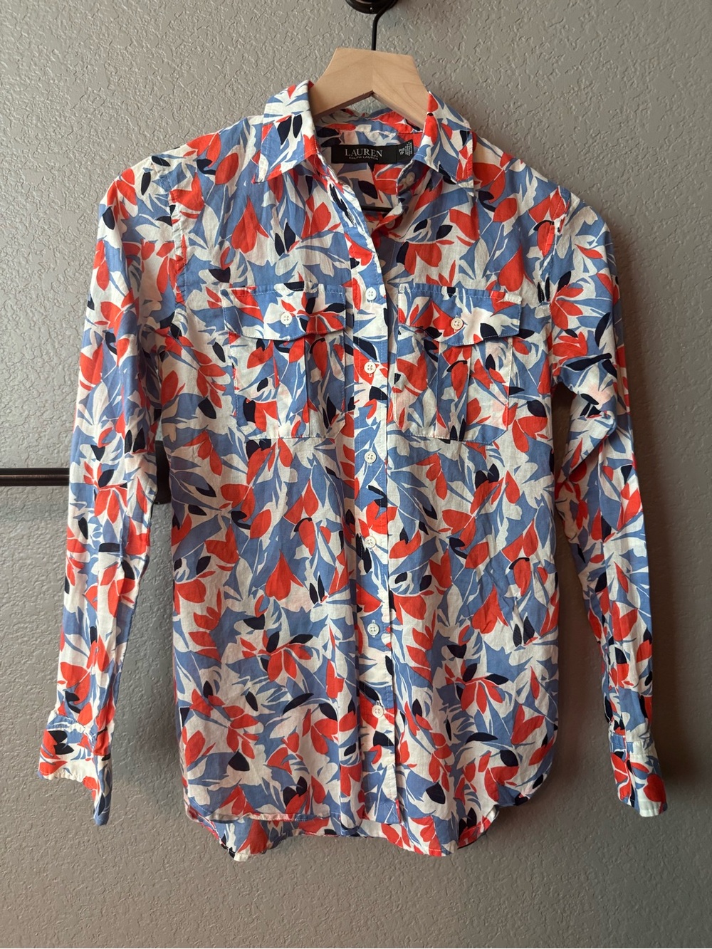 Lauren Ralph Lauren Red, Blue & White Floral Voile Cotton Blouse Petite XS